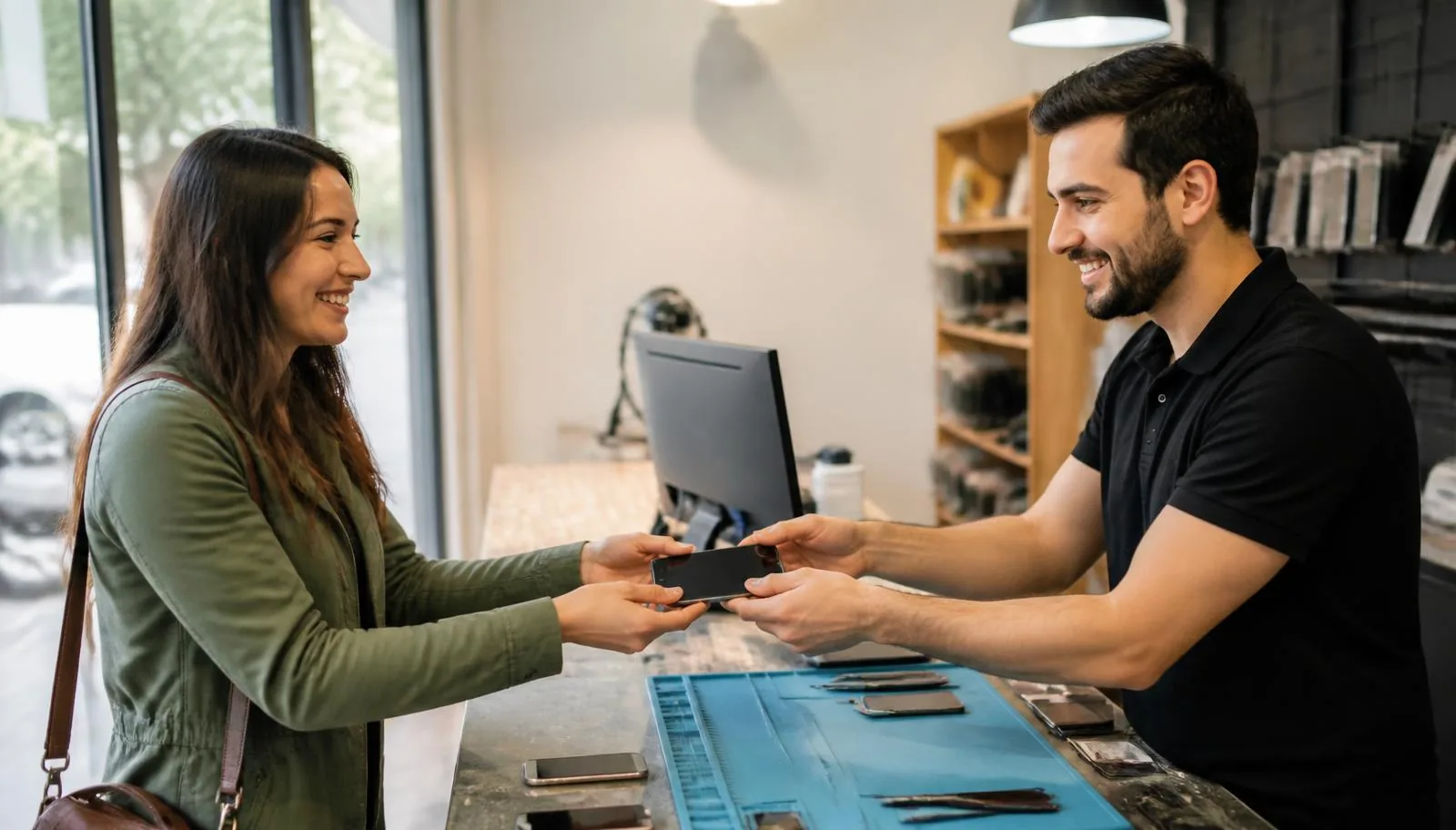 Happy customer receiving a repaired smartphone from a technician